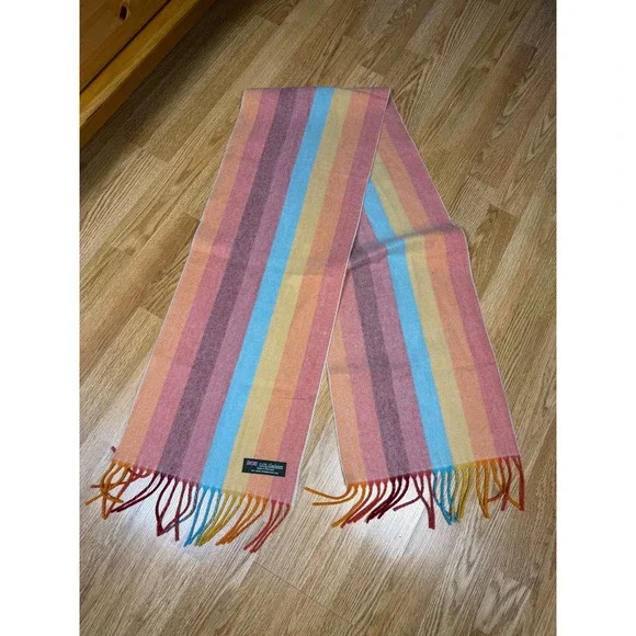 100% Cashmere Quiet Luxury Scarf Women Multicolor Preppy Striped Fringe Scotland