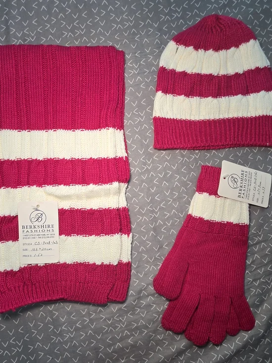 iRE Fashion Pink & White Striped Kids Knit Hat, Scarf & Gloves Set