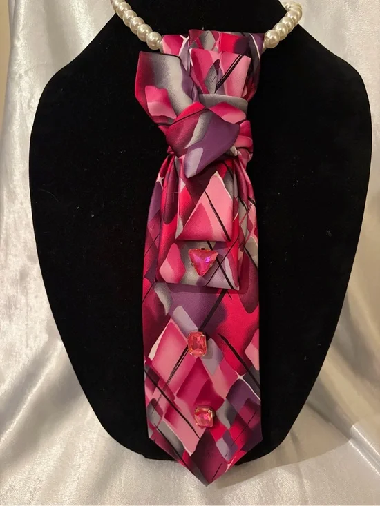 Pink Geometric Necklace Tie with Jewel Accents