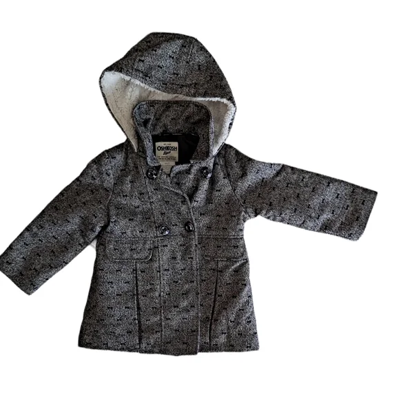 OshKosh B'gosh Tweed dbl breasted pea coat with sherpa hood and blu bow …
