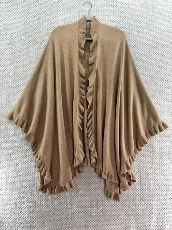 Talbots Ruffle Trim Open Front Poncho Wrap Camel Tan Wool Cashmere Blend OS
