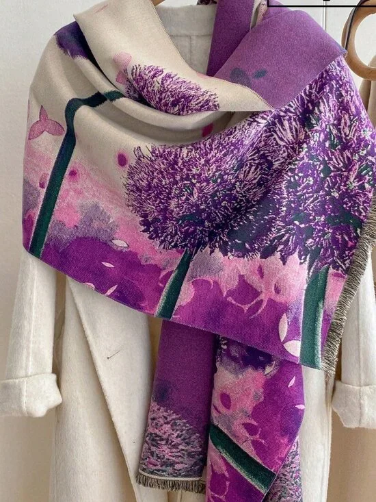 Purple Floral Jacquard Women's Casual Thick Warm Shawl Scarf Rectangular scarf
