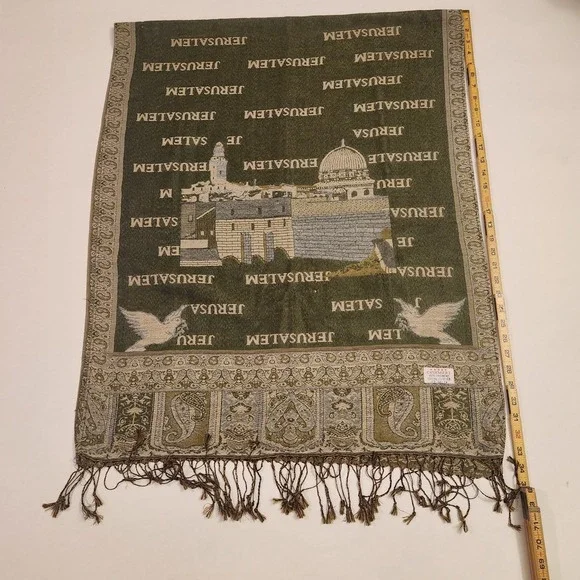 Jerusalem Cashmere Scarf Olive Green Pashmina Shawl Holy Land Souvenir 68x27