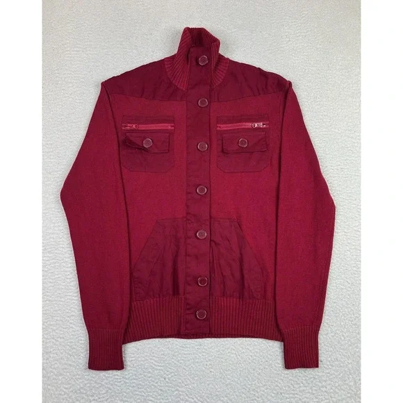 Guess Sweater Mens Large Cranberry‎ Red Button Mock Neck Utility X04R0000000
