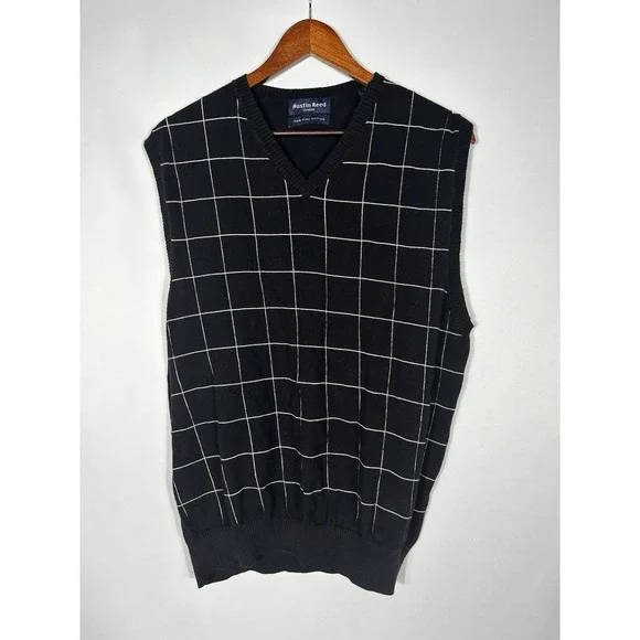 Austin Reed Pima Cotton Sweater Vest Mens L Window Pane Knit Preppy Academia