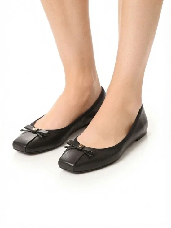 Tory Burch Black Square-Toe Ballet Flats with Bow and Logo Charm Size 10