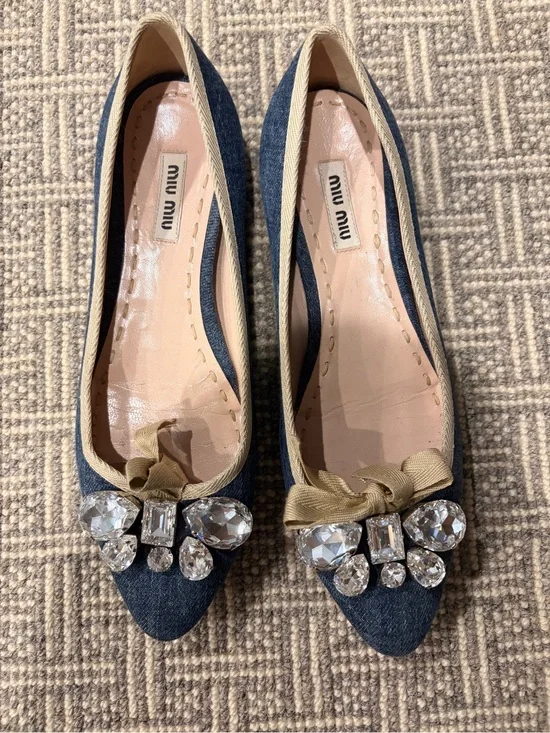 Miu Miu Denim Pointed Flats with Crystal Bow Accents