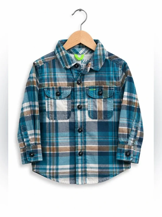 Genuine Kids‎ Boys Shirt Size 18 Months Blue Brown Plaid Button Up Pockets