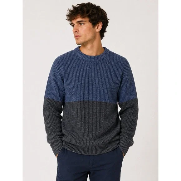 Howlin Ireland Blue Gray Colorblock Cotton‎ Knit Crewneck Sweater Large