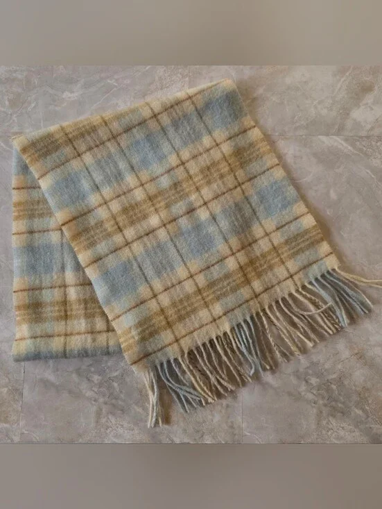 Valerie Stevens 100% Cashmere Scarf Made Germany Plaid Icy Blue Tan Fringe