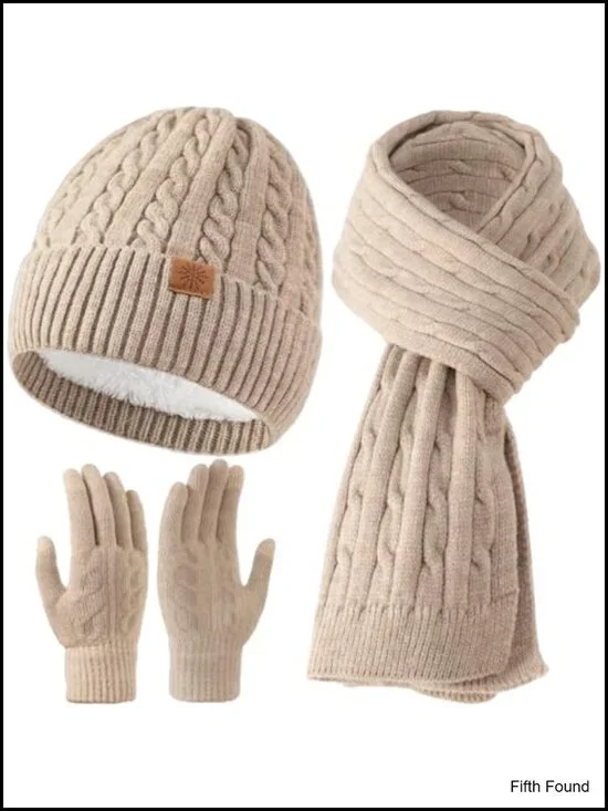 Winter Beanie Hat Touchscreen Gloves Long Scarf 3 Piece Warm Set