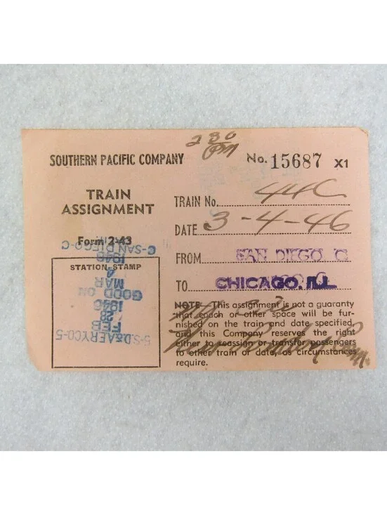 Southern Pacific Company Train Ticket Railroad San Diego to Chicago Vintage 1946