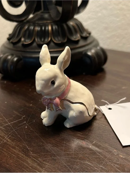 White Ceramic Bunny Trinket Box with Pink Bow