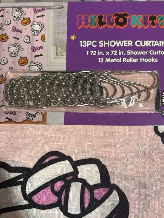 NWT Hello Kitty Hello Kitty Mummy Shower Curtain Set with Metal Roller Hooks