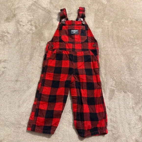 OshKosh Bgosh Baby Boys Red Black Buffalo Plaid Corduroy Overalls 12 Months