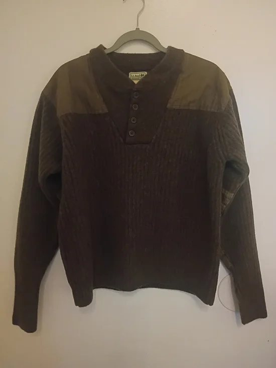 VTG L.L. Bean Men's Commando Henley Brown Wool Sweater Sz XL See Measurements