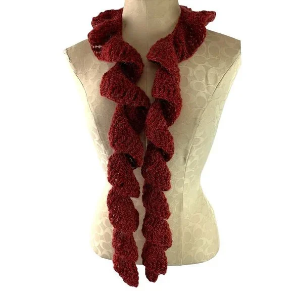 Flounce Crochet‎ Ruffle Scarf Dark Red Fuzzy 57