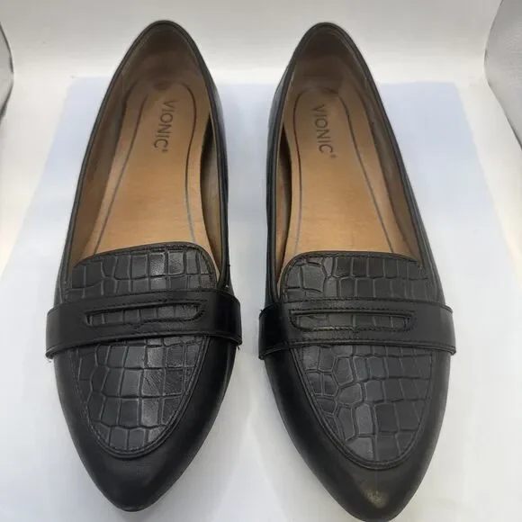 Vionic Savannah Snake Pointed Ballet Flats Black Leath w/Snakeskin Women's Sz 10