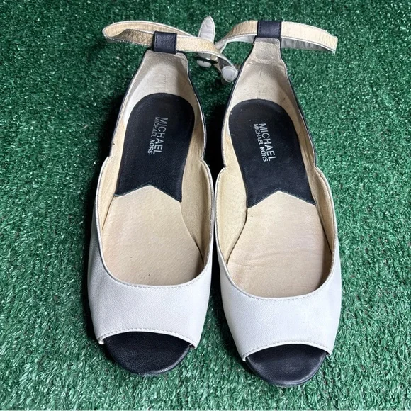 Michael Kors Peep Toe Ankle Strap Leather‎ Flats White Black Women's Size 8 M
