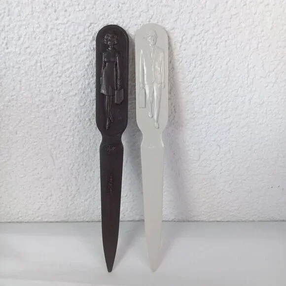 VTG Fuller Brush Company Cream Plastic Letter Opener w/ Sales Man & Sales Woman
