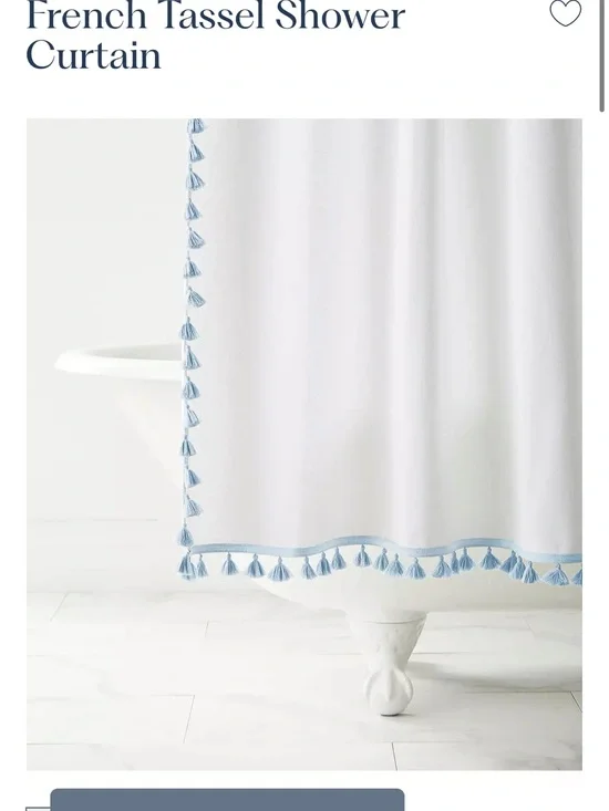 Serena & Lily French Tassel Shower Curtain - White with Coastal Blue Trim