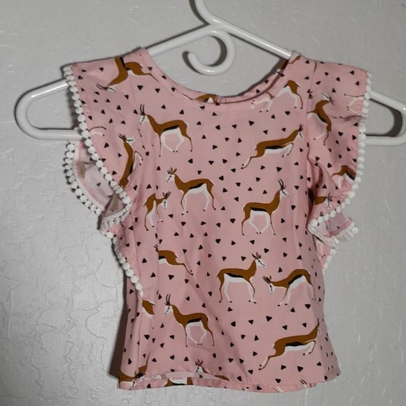 GENUINE KIDS 18M Ruffle Short Sleeve Pink Antilope Pattern Shirt