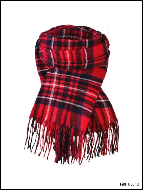 Plaid Shawl Wrap Oversized Winter Scarf Fringed Polyester