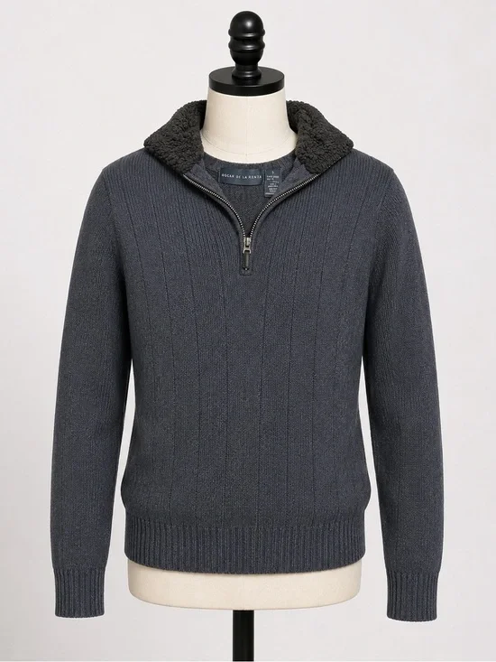 Oscar de la Renta Gray Quarter Zip Knit Sweater Sherpa Collar Men’s S