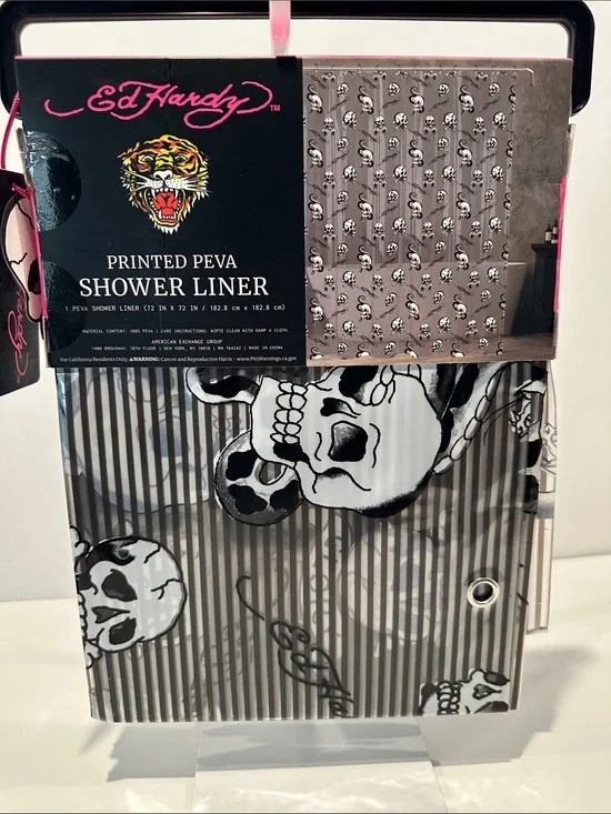 NWT Ed Hardy Printed Peva Black & White Skull Shower Liner.