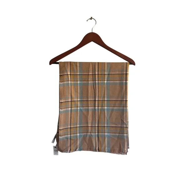 Talbots Womens Plaid Scarf Camel‎ Blue Yellow Rayon Cotton Frayed Edge NWT