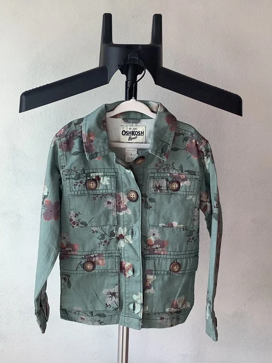NWT OshKosh B’Gosh Kids Girl Green Floral Button Front Jean Jacket Size 4