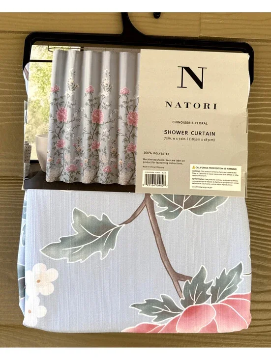 Natori Chinoiserie Floral Blue Pink Polyester Fabric Shower Curtain 72