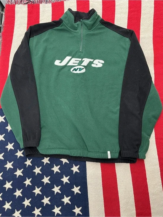 Reebok NFL Green and Black NY Jets Quarter-Zip Fleece Pullover Mens Size Large