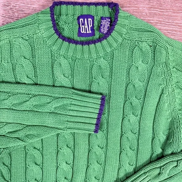 VTG‎ Y2K Gap Chunky Cable Knit Sweater Mens Medium Green Purple Trim Cotton