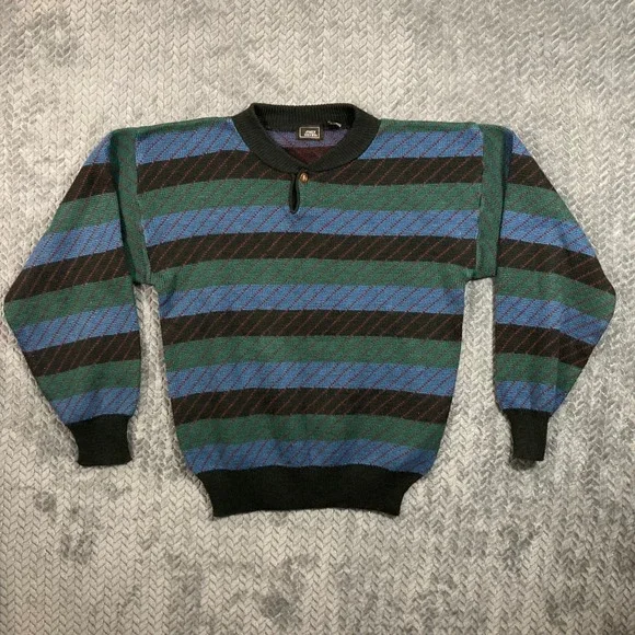 John Henry Sweater Mens L Vintage Henley Striped Multi-Color Button-Down