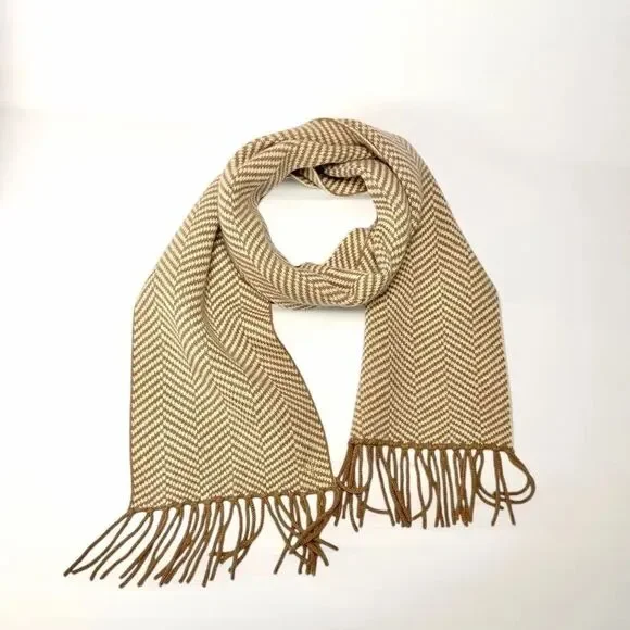 Lauren Ralph Lauren Wool Herringbone Scarf Tan Beige With Fridges Men's Women's