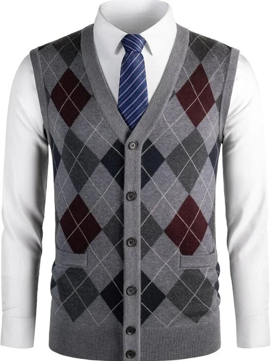 Men's Thick Argyle Sweater Vest - Classic V-Neck Knit Pullover for Fall/Winter