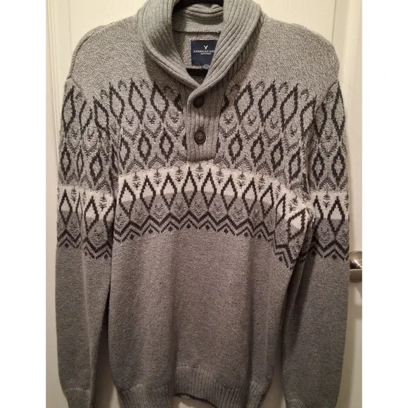 NWOT American Eagle Sweater Mens M Gray Fair Isle Nordic Shawl Henley Sweater