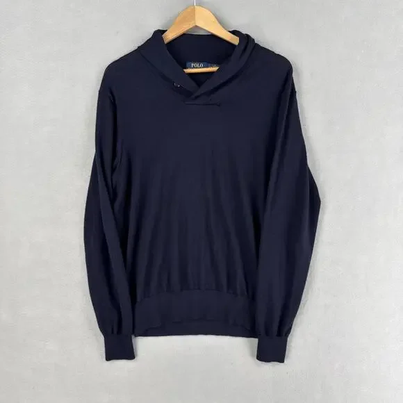 Polo Ralph Lauren Sweater Mens Large Navy Merino Wool Shawl Collar Knit Pullover