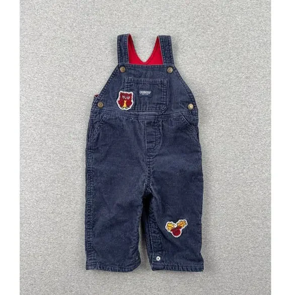 Vintage OshKosh Baby Corduroy Overalls 6/9 Months Navy Blue Owl Moose Patch