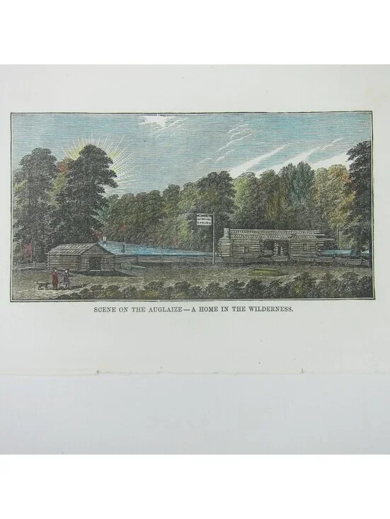 Engraving Print Ohio Auglaize River Scene Cabin Home Hand Colored Antique 1847