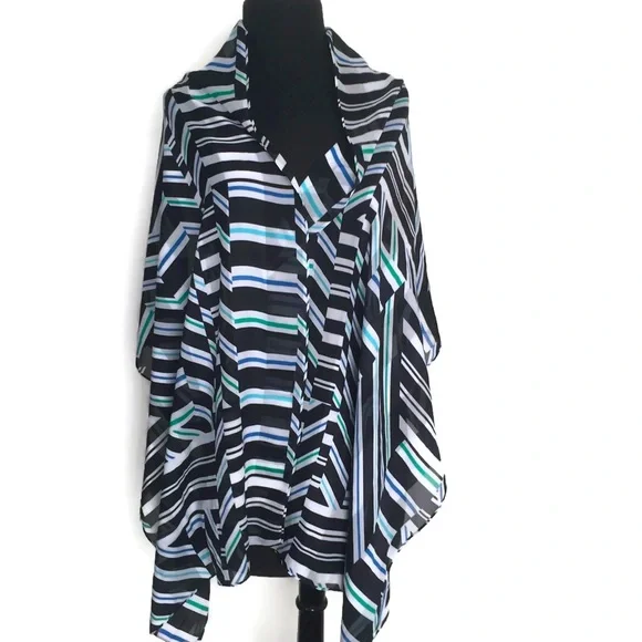 Large Sheer Scarf Calvin Klein Geometric Striped Print Blue Green White Black