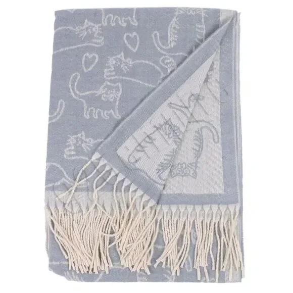 Fringed Shawl Scarf with Cat and Dog Design 74” x 26”