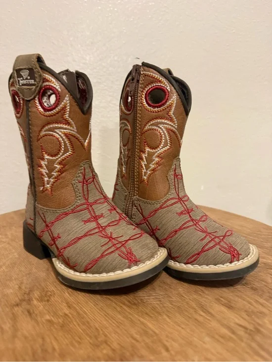 Twister Kids Brown & Tan Cowboy Boots with Red Stitching