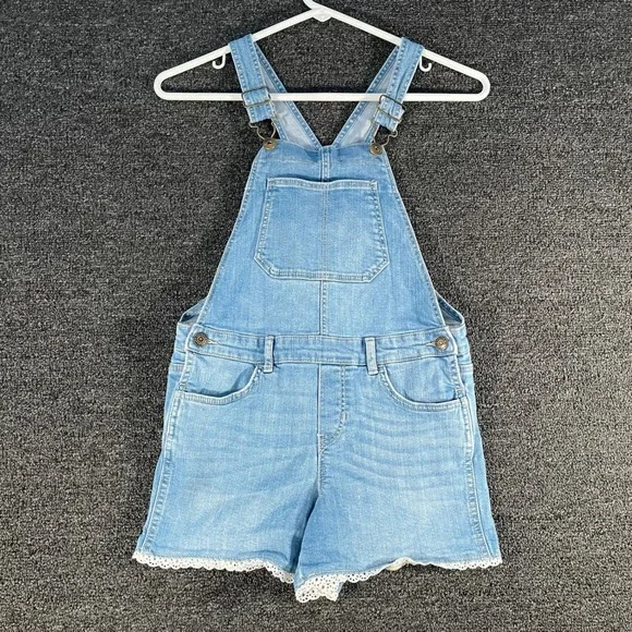 OshKosh B'gosh Shortalls Girls 8 Blue Good Lace Trim Denim Overalls