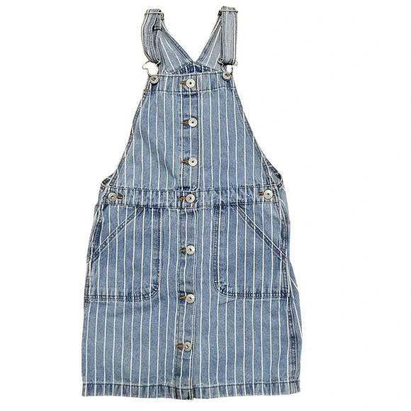 OshKosh Bgosh Girls Blue White Striped Denim Vestbak Overalls Dress Size 10‎