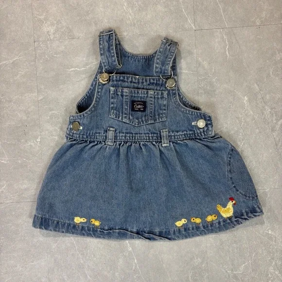 Vintage OshKosh Bgosh Denim Overall Dress Chicken Embroidery Blue 12M