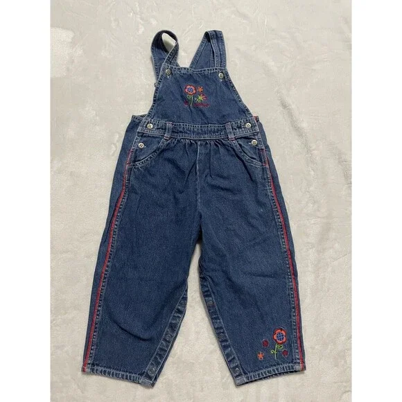 Oshkosh B'gosh Denim Jean Floral Overalls Size 3T Embroidered Cotton Vestbak