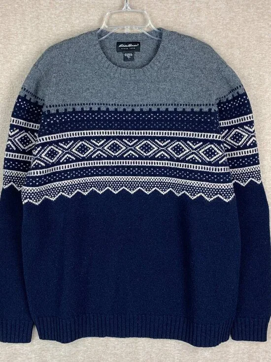 VTG Eddie Bauer Sweater L Tall Gray Blue Lambs Wool Knit Crew Fair Isle Nordic