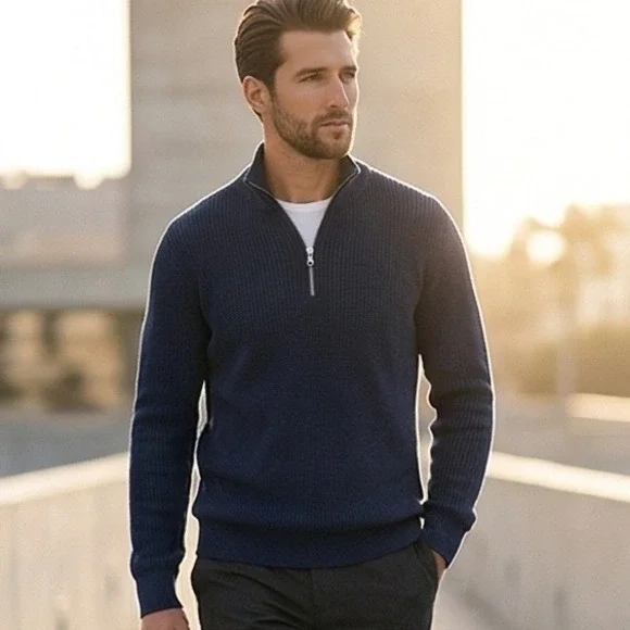 Banana Republic Mens XL Extra‎ Fine Merino Wool Quarter Zip Sweater Blue